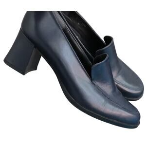 Vintage Y2K Calico NAVY BLUE Leather Loafer Heels Chunky Block Corporate 8